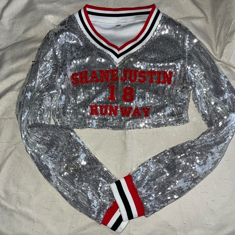 Silver sequins crop top with red and blue stripes on collar and end of sleeves